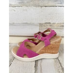 Born Womens 8 Puno Buckle Ankle Strap Cork Wedge Fuchsia Comfort Sandal NEW